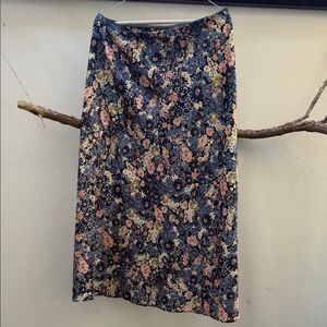 LOFT Navy Floral Midi Skirt with Pink and Cream Blossoms